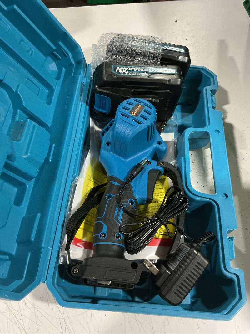 Condition photo showing As Is for saker mini chainsaw,portable electric chainsaws cordless,small handheld chain saw pruning shears chain saws for tree branches,gifts for for men husband women,courtyard and garden blue mini chainsaw: 2x batteries, 1x chain