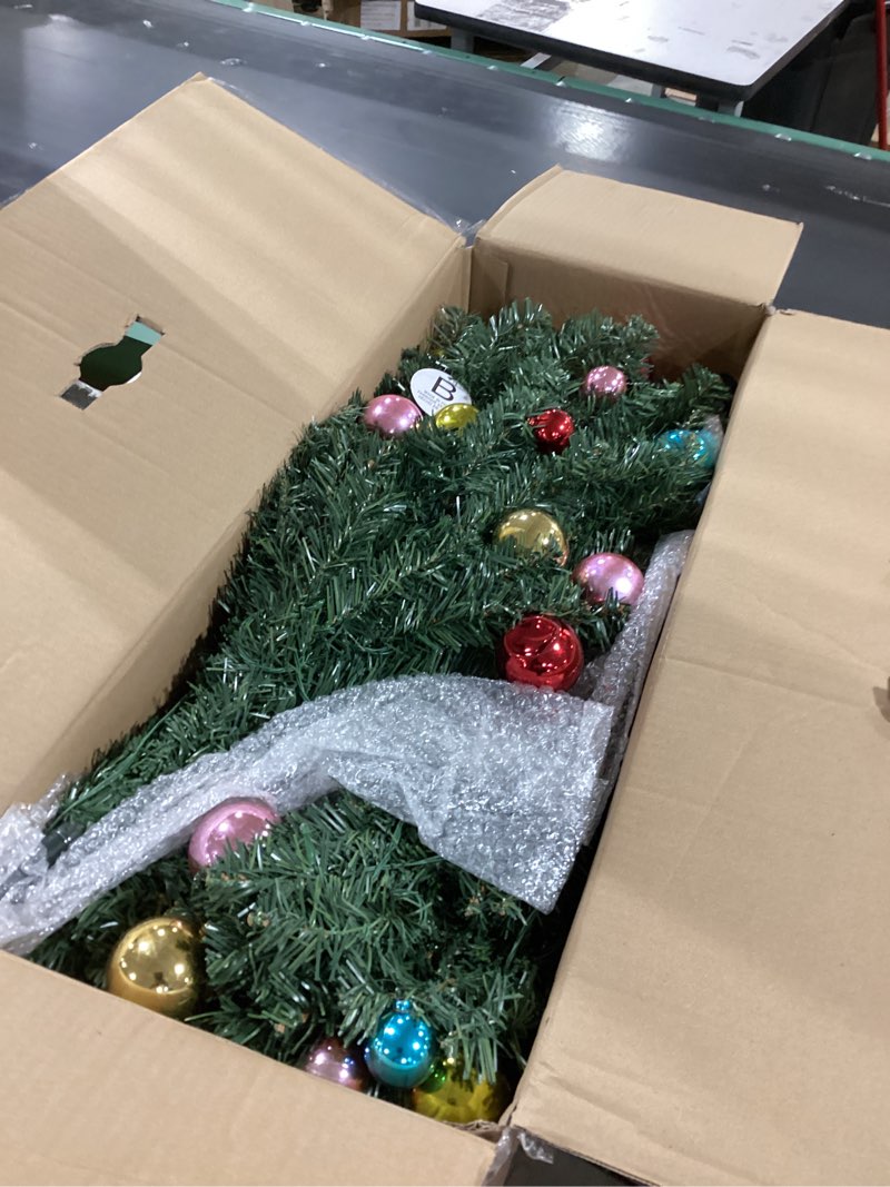 Condition photo showing Good Condition for 4FT Pop up Christmas Tree for Indoor Decoration Pre-lit Mini Christmas Tree with 60 Lights, Green Artificial Pencil Tree Collapsible Tinsel Pop up Tree with Snowy Pink Gold Ribbon Christmas Ball 4ft Gold Snowflake Pink Ribbon