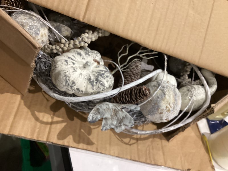 Condition photo showing Good Condition for National Tree Company Artificial Autumn Wreath, White, Decorated with Pumpkins, Gourds, Pinecones, Berry Clusters, Ball Ornaments, Oak Leaves, Autumn Collection, 20 in