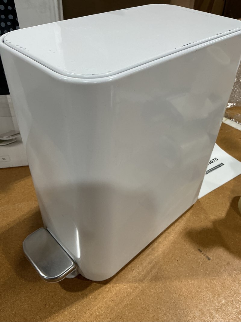 Condition photo showing As Is for simplehuman small bathroom trash can with lid, stainless steel waste basket, 5 liter / 1.3 gallon, white