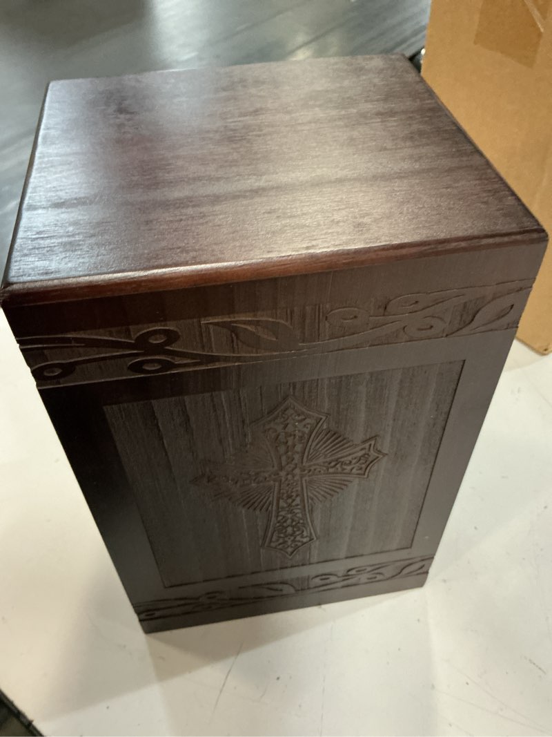 Condition photo showing Good Condition for wooden cremation urn for human ashes,wooden carved cross cremation urns,holds 250 cubic inches,cat and dog pet urns,decorative funeral urn box and casket