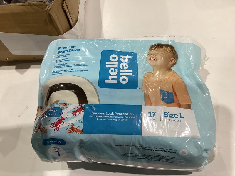 Condition photo showing New/Like New for Hello Bello Premium Swim Diapers - Size L (32-40 lbs), Cute Extra-Bright Lobster Designs, 17 Count Jumbo Pack Large (32 - 40 Pound)