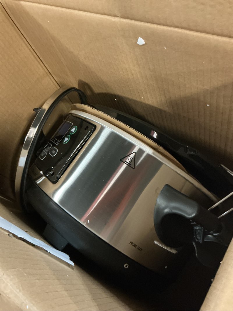 Condition photo showing As Is for hamilton beach portable 6 quart set & forget digital programmable slow cooker with lid lock, temperature probe, dishwasher safe crock & lid, stainless steel (33969a) set & forget, stainless steel 6 quarts