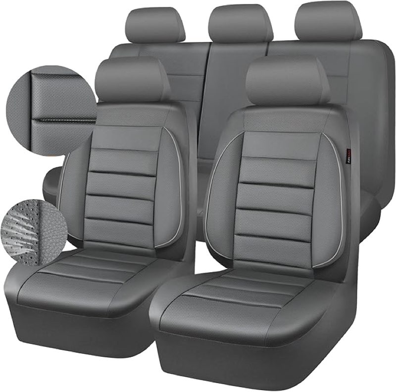 CAR PASS Leather Seat Covers Full Set Universal Water Resistant 3D Foam Back Support, Luxury Comfort Automotive 5 Seat Covers All Season Fit for SUV,Sedan,Van, Airbag Compatible Elegance (Gray)