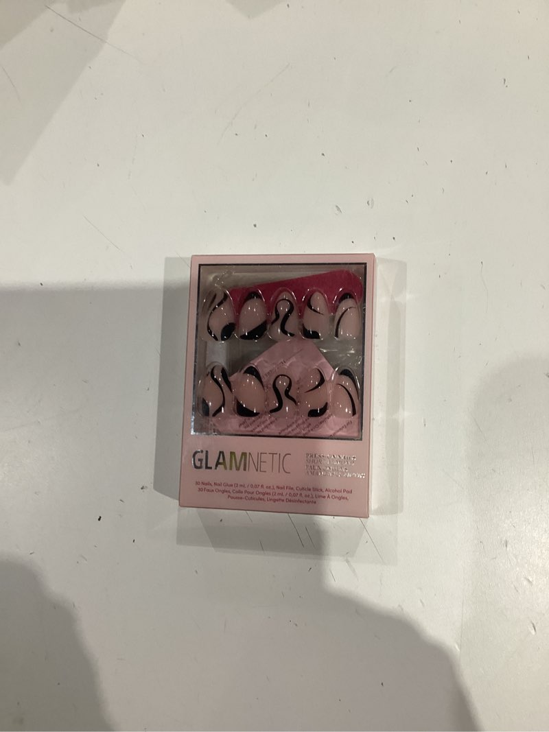 Condition photo showing New/Like New for glamnetic press on nails - ink wave | short almond fake nails with a sheer base, black swirl designs in a glossy finish, salon quality | 15 sizes - 30 nail kit with glue