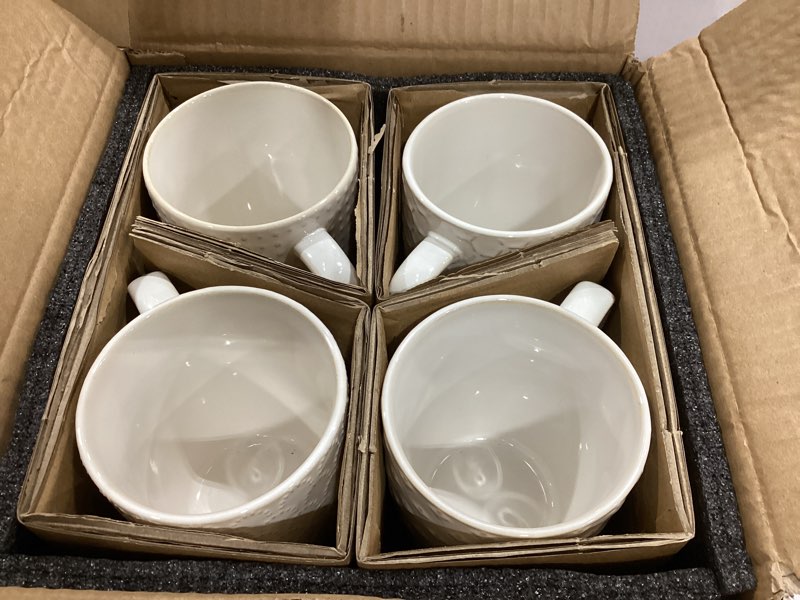 Condition photo showing Good Condition for le tauci coffee mugs 16 oz,ceramic mug set, embossment cups for latte, hot tea, cappuccino, mocha, cocoa, dishwasher safe, suit for housewarming wedding- 3.8 inch, set of 4, arctic white full:16 oz