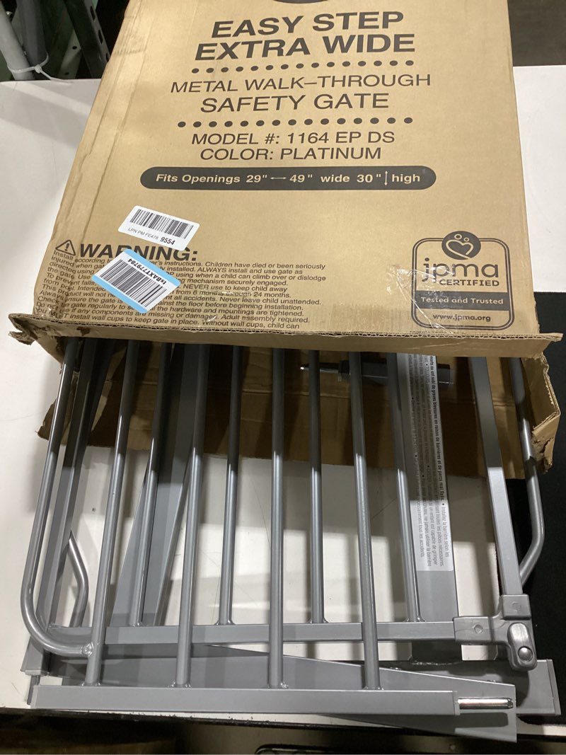 Condition photo showing Good Condition for regalo easy step 49-inch extra wide baby gate, includes 4-inch and 12-inch extension kit, 4 pack of pressure mount kit and 4 pack of wall mount kit, platinum platinum 29-49"w x 30"h