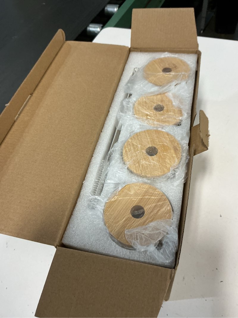 Condition photo showing Good Condition for Drinking Glasses with Bamboo Lids and Glass Straw 4pcs Set - 16oz Glass Cups, Iced Coffee Glasses, Cute iced Tea Glasses, Beer Glasses, Ideal for Coffee Bar Accessories, Aesthetic Gift - 2 Brushes