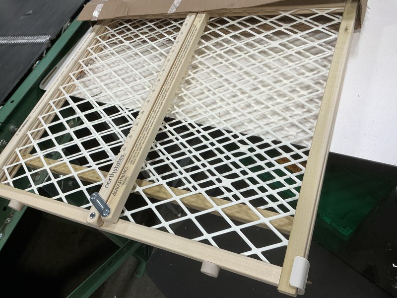 Condition photo showing As Is for toddleroo by north states diamond mesh wooden baby gate: 26.5"- 42" wide. pressure mounted baby gate for doorway. (23" tall, sustainable hardwood)