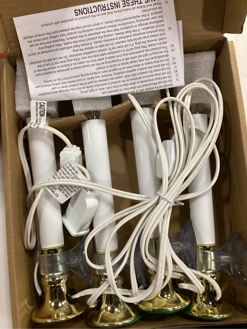 Condition photo showing As Is for 4PCS Christmas Electric Window Candle Lights with Gold Base Outlet, 5FT Window Candle Lights Cord with 0.6W C26 Clear Bulb On/Off Switch Plug-in 4 Suction Cups for Christmas Window Home Decoration