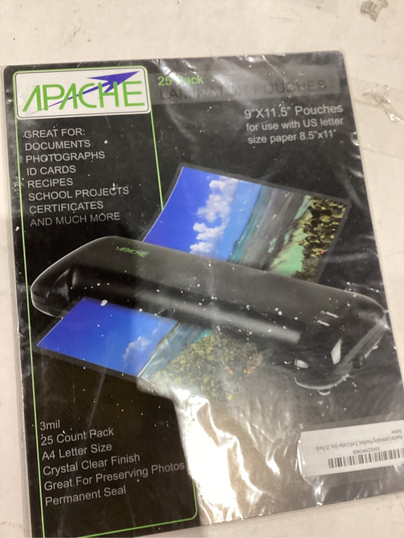 Condition photo showing New/Like New for Apache 25 Pack Laminating Pouches 3 mil, Holds 8.5 x 11 Inch Letter Size (9 x 11.5 Inch Sheets), Office and School Supplies, Thermal Laminating Sheets, Super Clear, Round Corner 9 x 11.5" 3mil 25