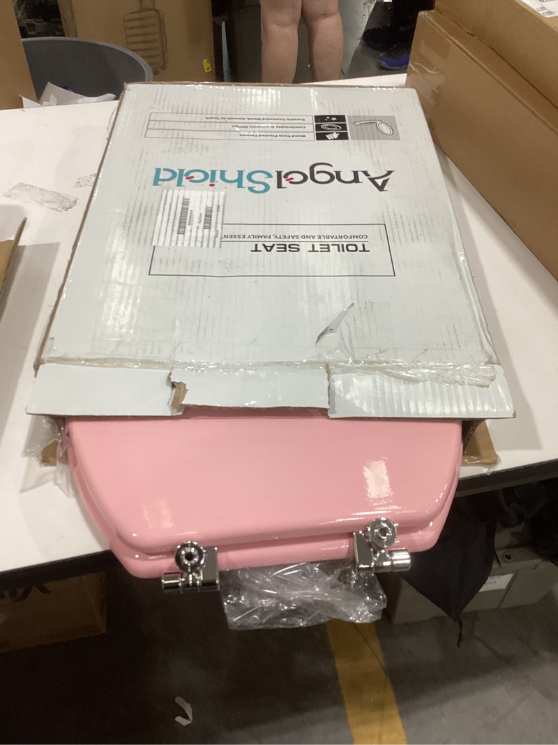 Condition photo showing As Is for pink elongated toilet seat natural wood toilet seat with zinc alloy hinges, easy to install also easy to clean, scratch resistant toilet seat by angol shiold (elongated, pink) elongated pink