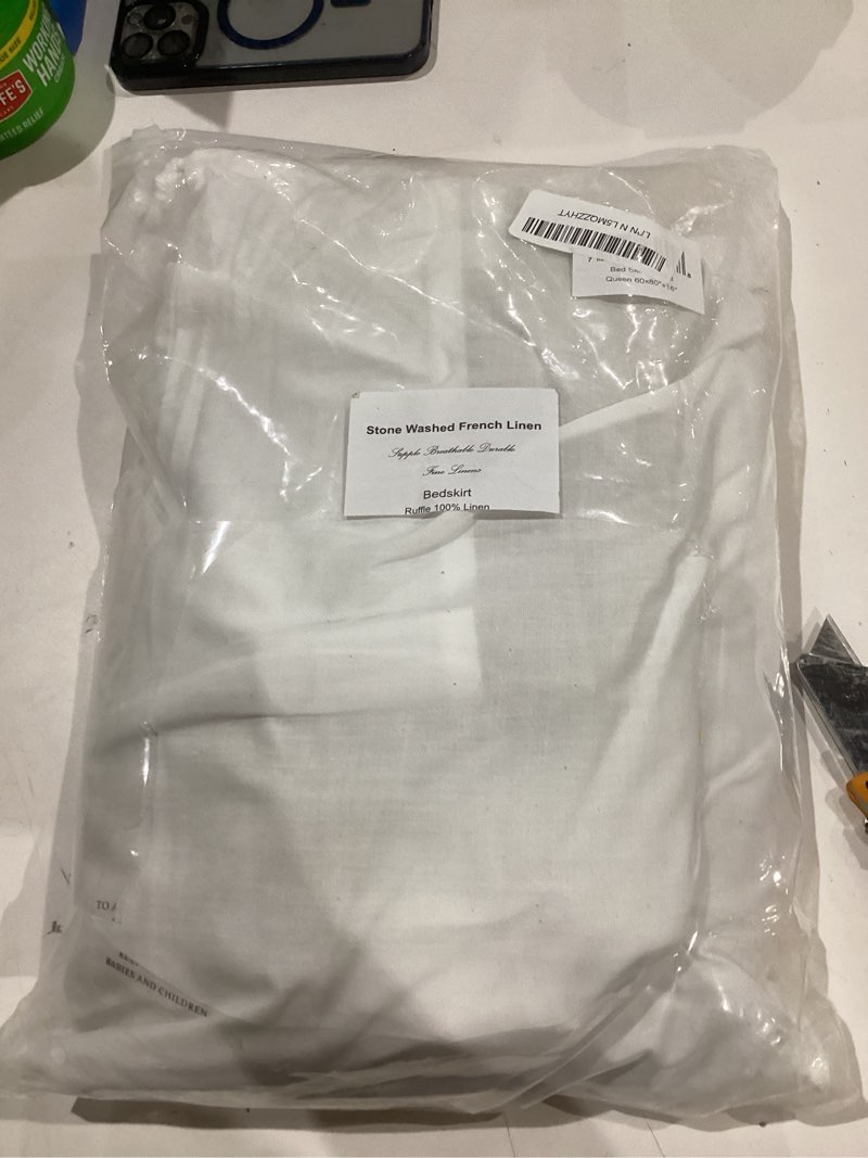 Condition photo showing Good Condition for meadow park Washed Linen bedskirt, Queen Size 60" W x 80" L, Drop 16", Super Soft Ruffle, Natural Linen Color Natural Queen