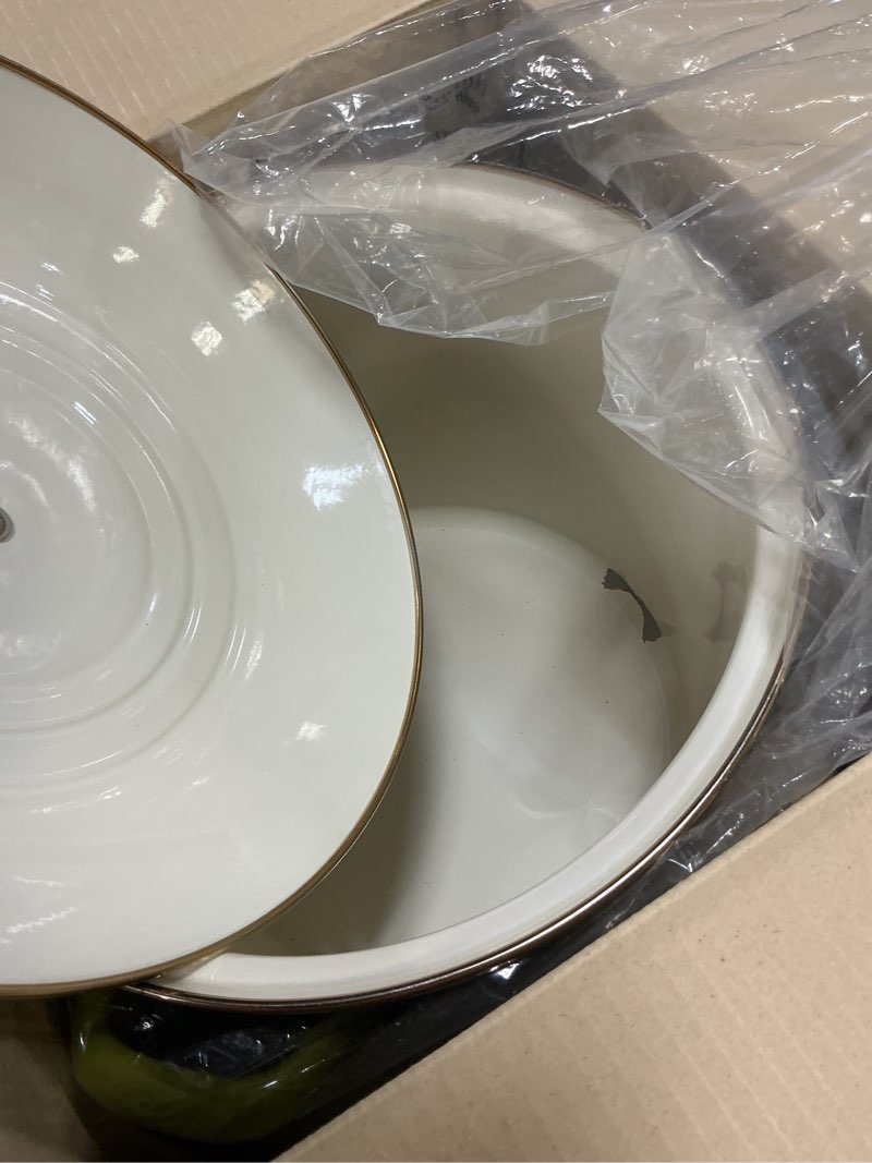 Condition photo showing As Is for Le Creuset Enamel on Steel Traditional Stockpot, 12 qt., Olive with Stainless Steel Knob Olive 12 Quarts
