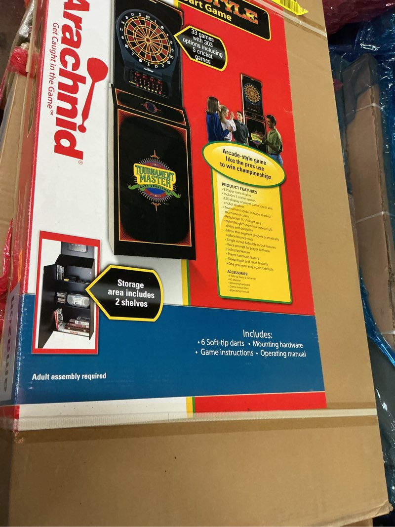 Condition photo showing New/Like New for Arachnid Cricket Pro 650 Standing Electronic Dartboards with 24 Games, 132 Variations, and 6 Soft-Tip Darts Included Black