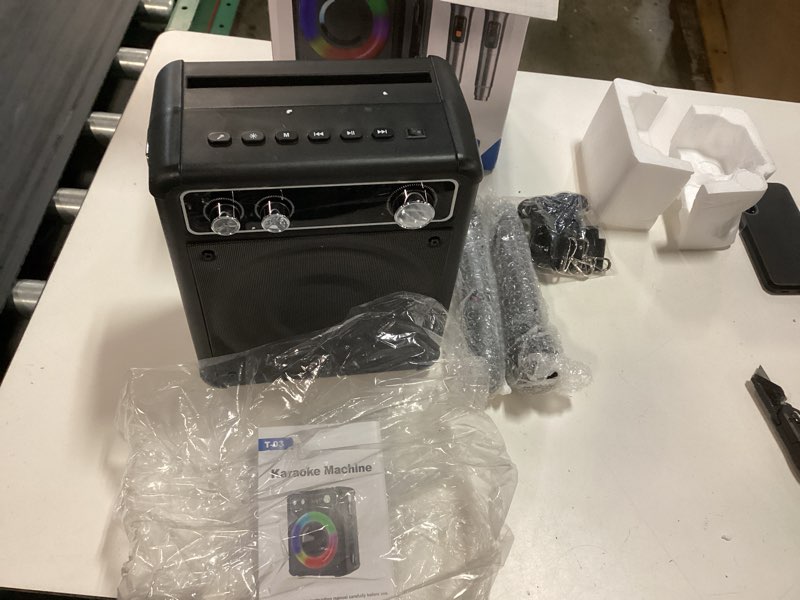 Condition photo showing As Is for vosoco karaoke machine with 2 wireless microphones, portable bluetooth speaker for adults kids, pa systems support tws echo adjust tf usb aux for home party outdoor travel t03-2 mics