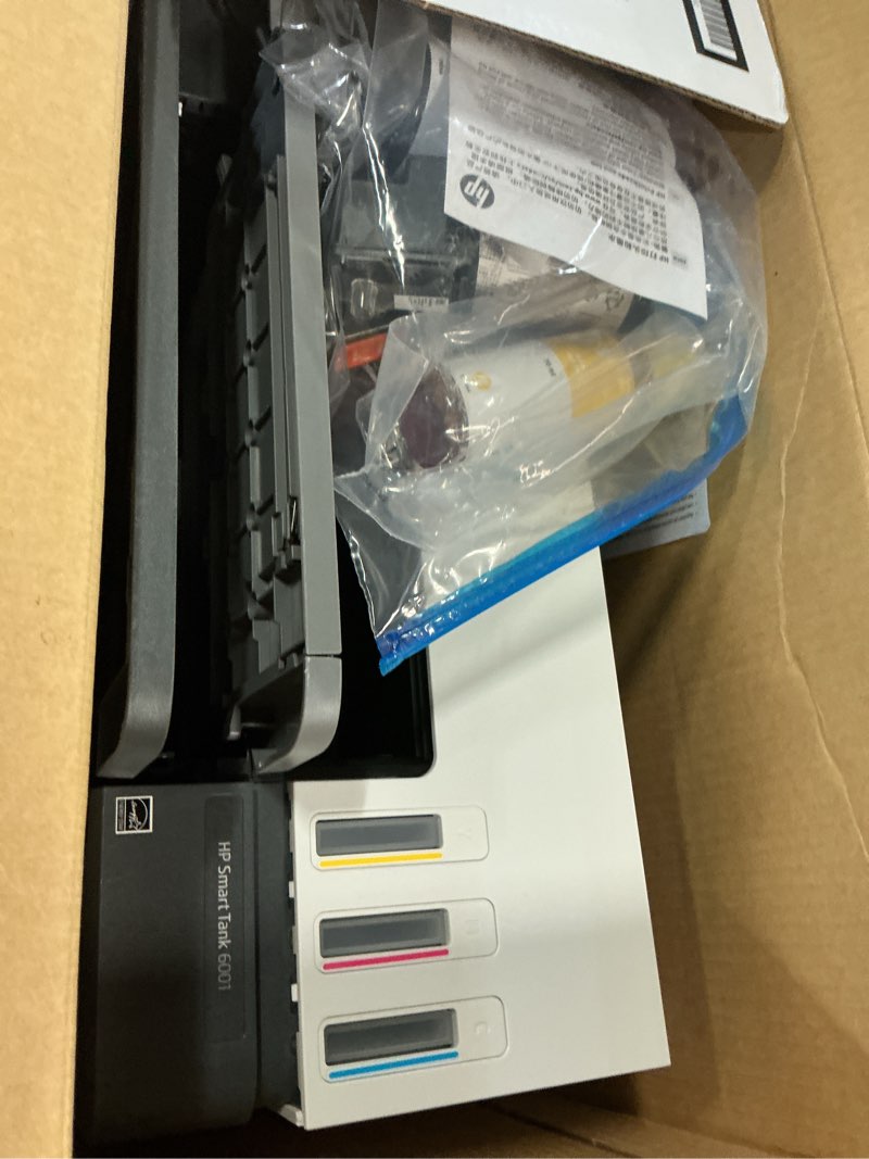 Condition photo showing As Is for hp smart tank 6001 wireless all-in-one ink tank printer, scanner, copier with 2 years of ink included, best-for-home, cartridge-free refillable, ai-enabled (2h0b9a)