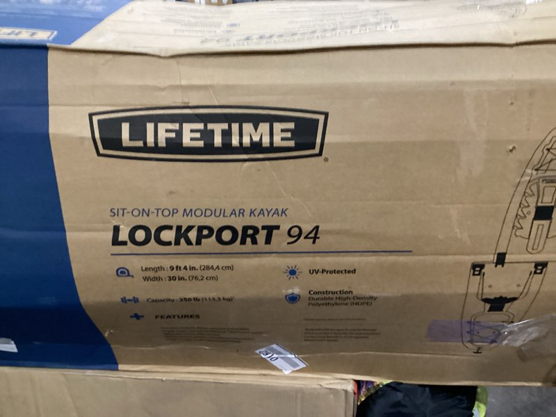 Condition photo showing Good Condition for lifetime lockport 94 modular sit-on-top kayak with paddle, two-piece design with slidelock system, rod holders, adjustable seat