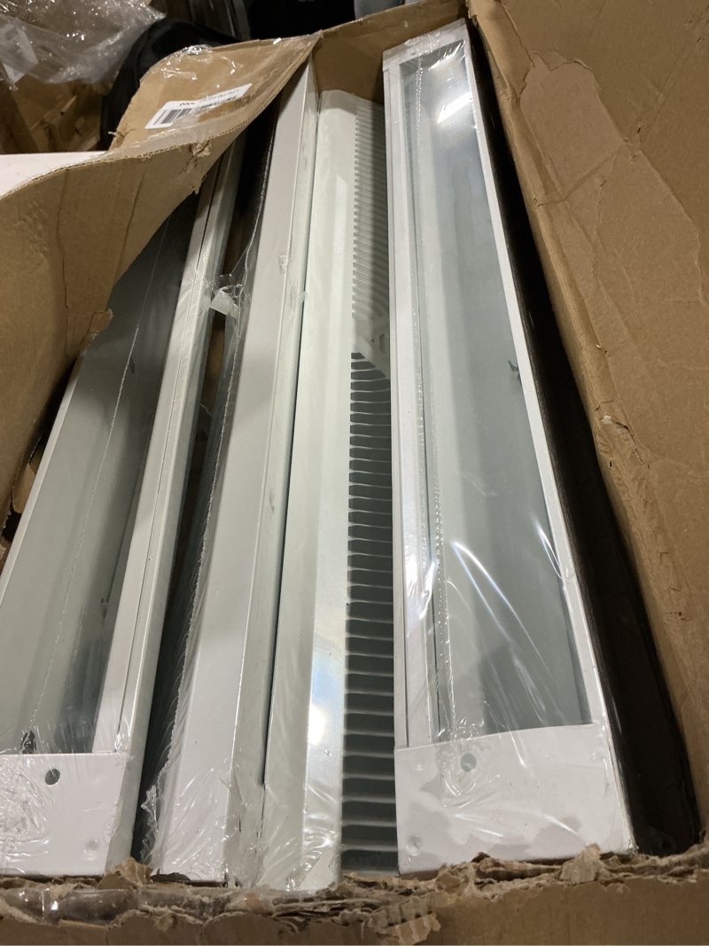 Condition photo showing New/Like New for (theres 4) 15 inch baseboard register vent,baseboard vent cover diffusers fits 15” duct, white baseboard diffusers heater vent for floor wall with adjust lever and 3 ways maximum air flow 15 inch-1pk
