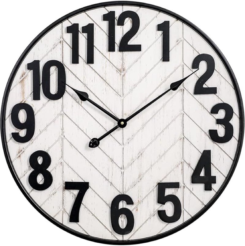 24 inch large wall clock, rustic wooden farmhouse wall clock with black metal frame, battery operated non-ticking silent wall clocks for living room, kitchen, bedroom (whitewashed)