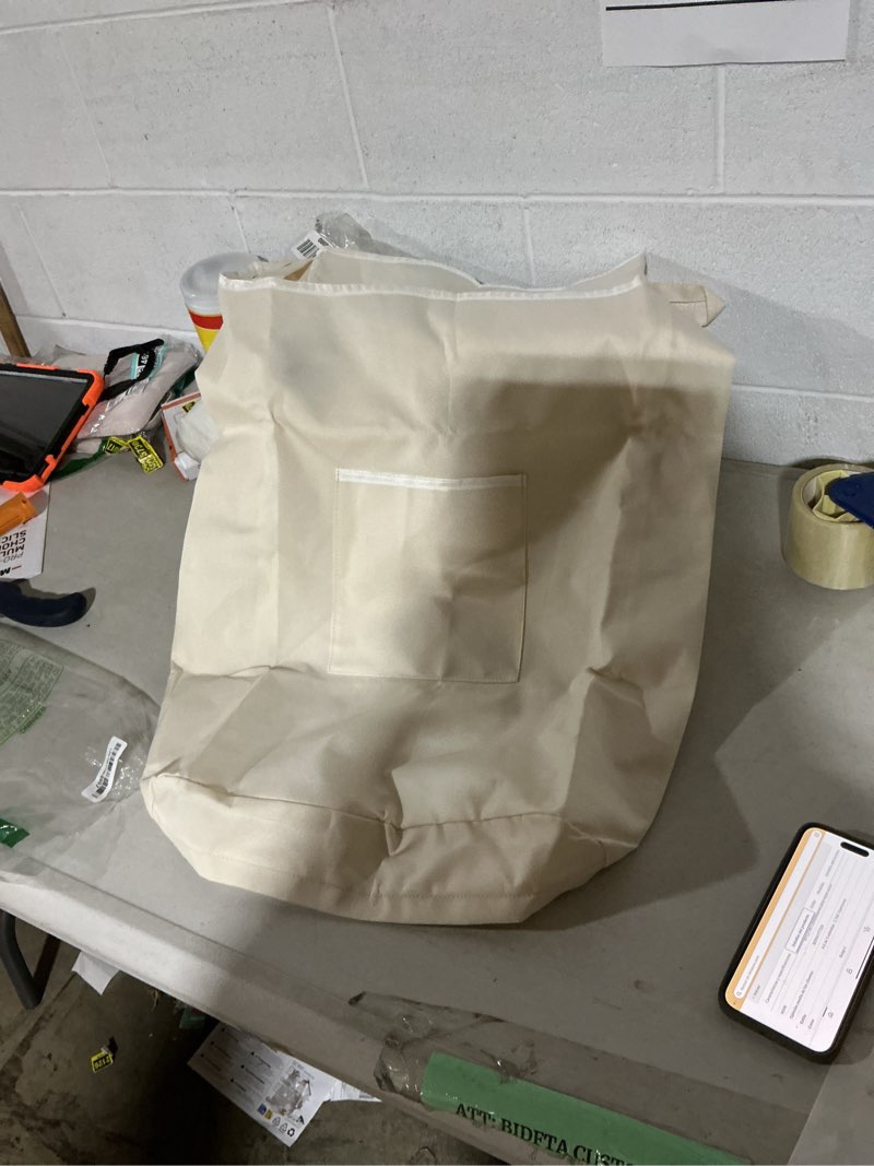 Condition photo showing Good Condition for the fine living co. hanging laundry hamper with over door hooks & adhesive, durable space saving laundry bag with zipper and wide open top, hanging dorm laundry hamper 18"x4.75"x28" (beige-l) large beige-l