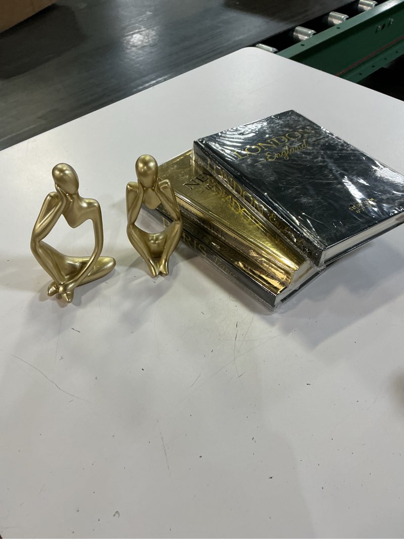 Condition photo showing As Is for (incomplete)feifeiya 6 pcs gold and black color decorative book & thinker statue set - 3 books accents 3 thinker abstract art sculpture home decoration for living room bookshelf table decor 6 black, gold leather