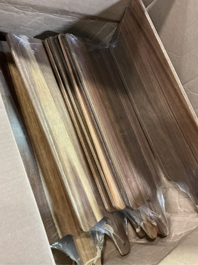 Condition photo showing Good Condition for patelai 12 packs wooden cutting board set with handles large kitchen serving plain chopping board bulk gifts for mom for vegetables meat pizza cheese fruit bread(acacia wood,15 x 7 inch) acacia wood 15 x 7 inch
