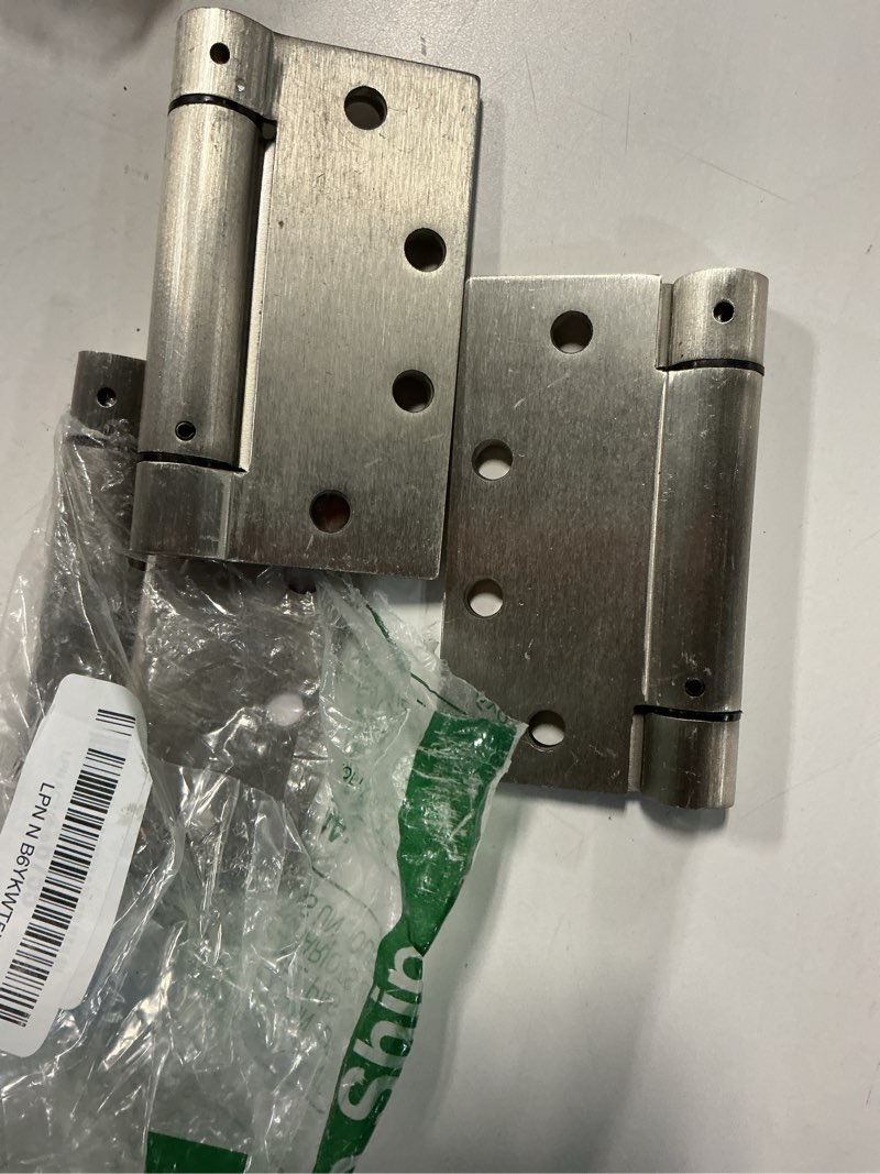 Condition photo showing As Is for 3 pack self closing door hinges, 4.5" x 4.5" spring loaded hinges with square corners, adjustable tension for garage, front door, back door, for left and right hand door, ul listed 4.5" 3 pack brushed nickel-square