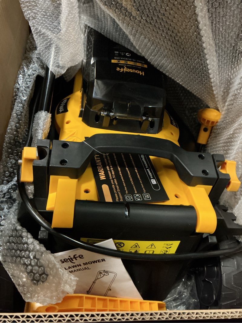 Condition photo showing New/Like New for 40v cordless lawn mower compatible with dewalt 2x20v max battery, 14 inch electric lawn mower with 35l grass bag, 6-position height adjustment, foldable push mower for yard (tool only) yellow
