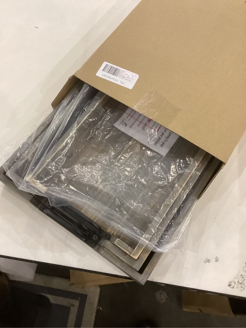 Condition photo showing New/Like New for 3 Pie­ce Decorative Nested Vintage Wood Serving Tray Set for Coffee Table or Ottoman – Rustic Wooden Breakfast Trays for Kitchen, Dining Room, or Living Room – Farmhouse Platter w/Handles - Barnwood