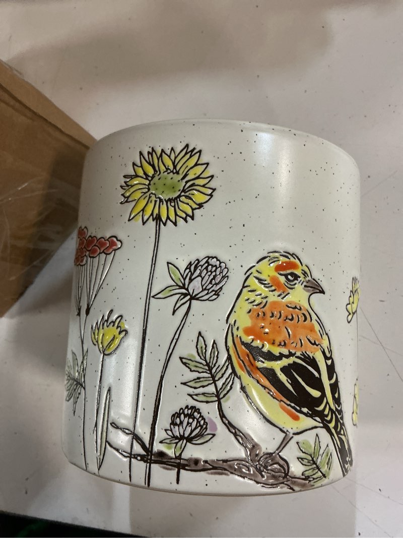 Condition photo showing New/Like New for blue sky clayworks wildflower bird canister with lid, 3.6-inch and 4.94-inch height, 2-piece
