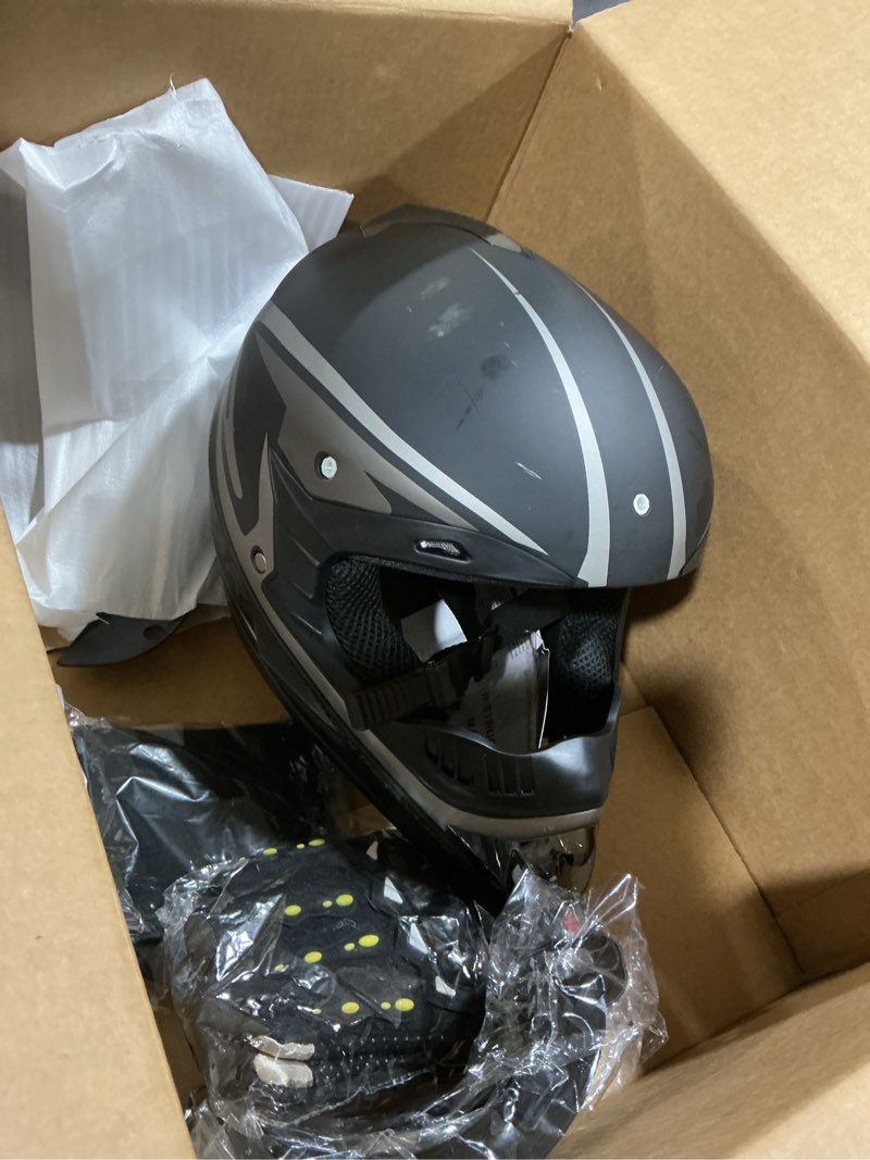 Condition photo showing As Is for Youth Kids Dirt Bike Helmet, Motocross Off Road Motorcycle ATV UTV Street Bike Casque Casco Combo Gloves Goggles Mask (4Pcs Set), DOT Approved Blue Camo Small