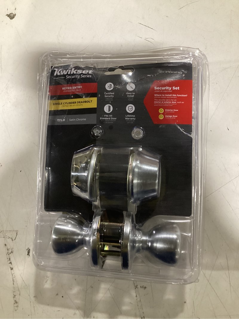 Condition photo showing As Is for kwikset tylo satin chrome deadbolt and entry door knob 1-3/4 in.