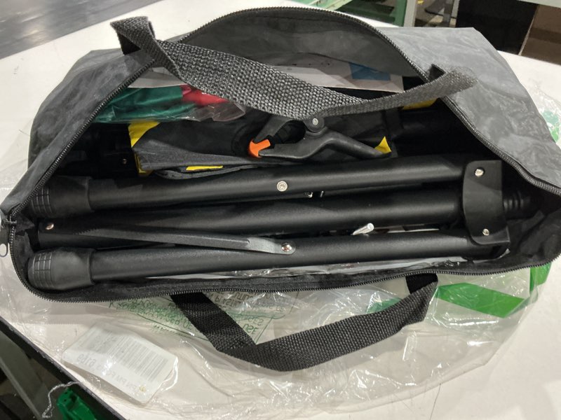 Condition photo showing Good Condition for not exact but similar to jsungo backdrop stand, adjustable background stand backdrop for parties, photo video studio, portable photography backdrop stand with carrying bag, 6 backdrop clamps, and 2 stand bags 10x7.5ft black