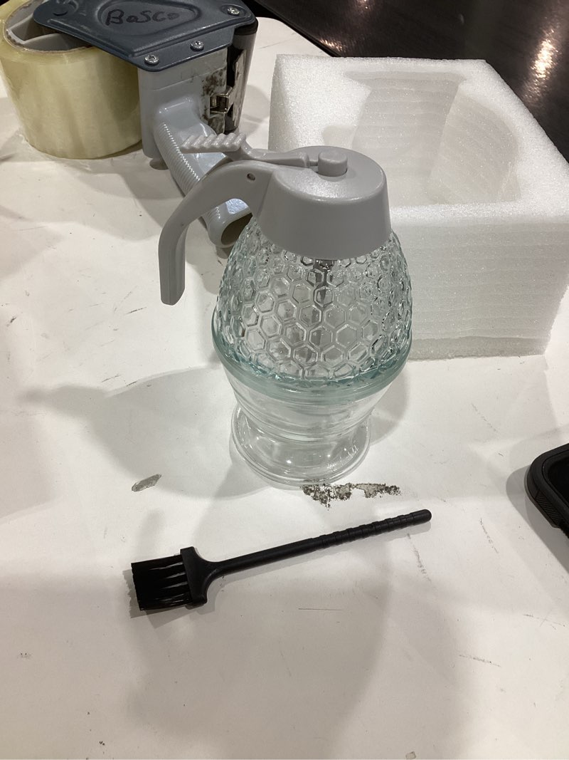 Condition photo showing New/Like New for Ahhute Maple Syrup Dispenser, Glass Honey Dispenser, Honeycomb Design Maple Syrup Container for Waffle, Coffee, Pancake, No Drip Honey Dispenser with Stand, 8 oz Honey Jar, Glass Honey Pot for Gifts Grey