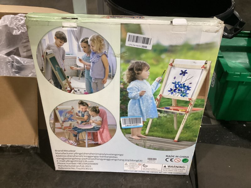 Condition photo showing New/Like New for Easel for Kids Including 100+ Accessories, Kids Easel Double Sided Wooden, White Board & Magnetic Drawing Board & Paper Roll, Height Adjustable Standing Art Easel for Kids 2-4 4-8 9-12