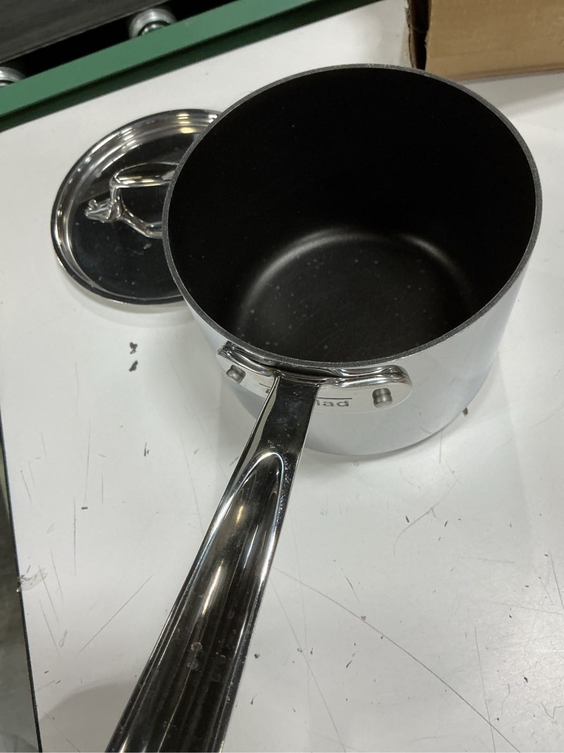 Condition photo showing As Is for all-clad d3 3-ply stainless steel sauce pan with lid 2 quart, induction, oven broiler safe 600f, multipurpose, compatible w/ all cooktops, for restaurant or home kitchen, pots & pans, cookware, silver 2 quarts