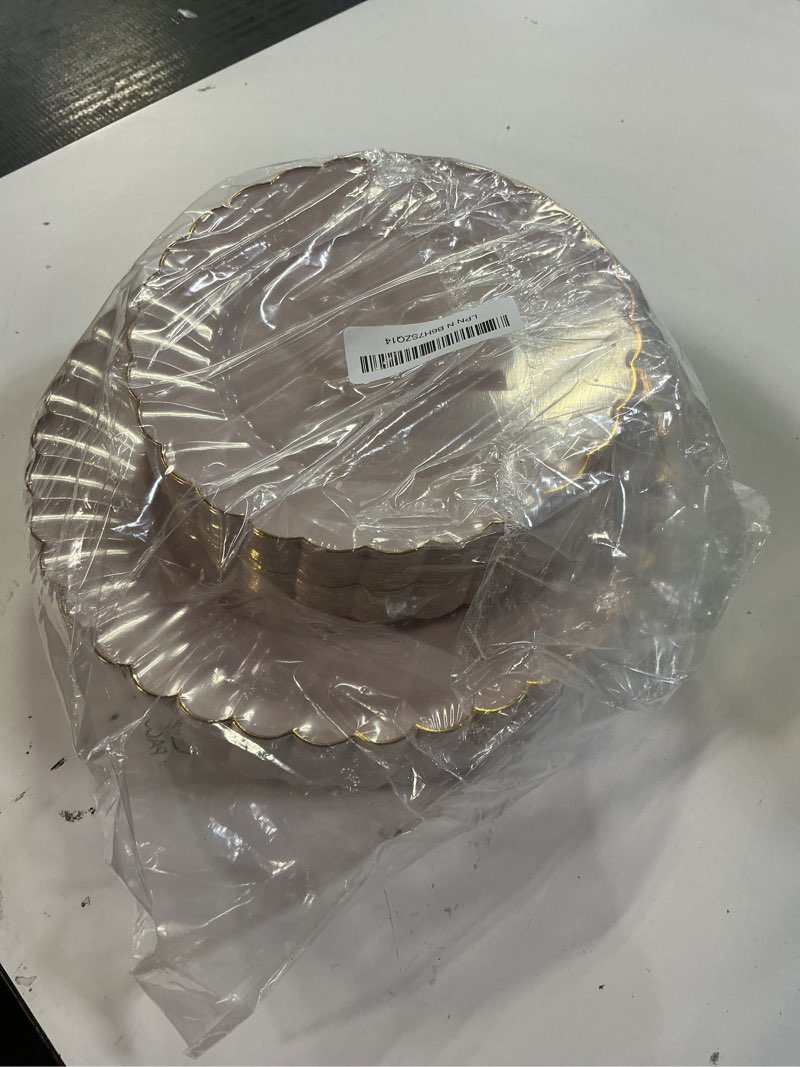 Condition photo showing Good Condition for YOUBET 60PCS Pink Scalloped Plastic Plates - Hard Pink and Gold Fancy Disposable Plates include 30 G