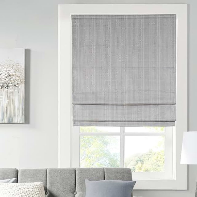 Madison Park Galen Cordless Roman Shade,  40 inch Sheen Grey – Room Darkening, Thermal Insulated, Energy Efficient Window Blind with Subtle Sheen Basketweave Fabric for Privacy