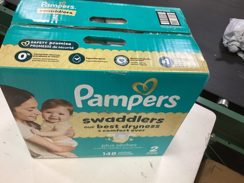 Condition photo showing New/Like New for pampers swaddlers diapers, size 2 (10-22 lbs), 148 count, absorbent, keeps baby dry and comfortable, skin safe disposable baby diaper size 2 148