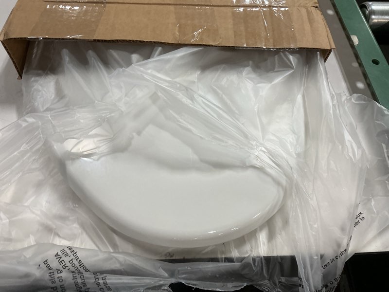 Condition photo showing As Is for mayfair caswell modern slow close toilet seat, durable plastic, elongated, white elongated 1 seat