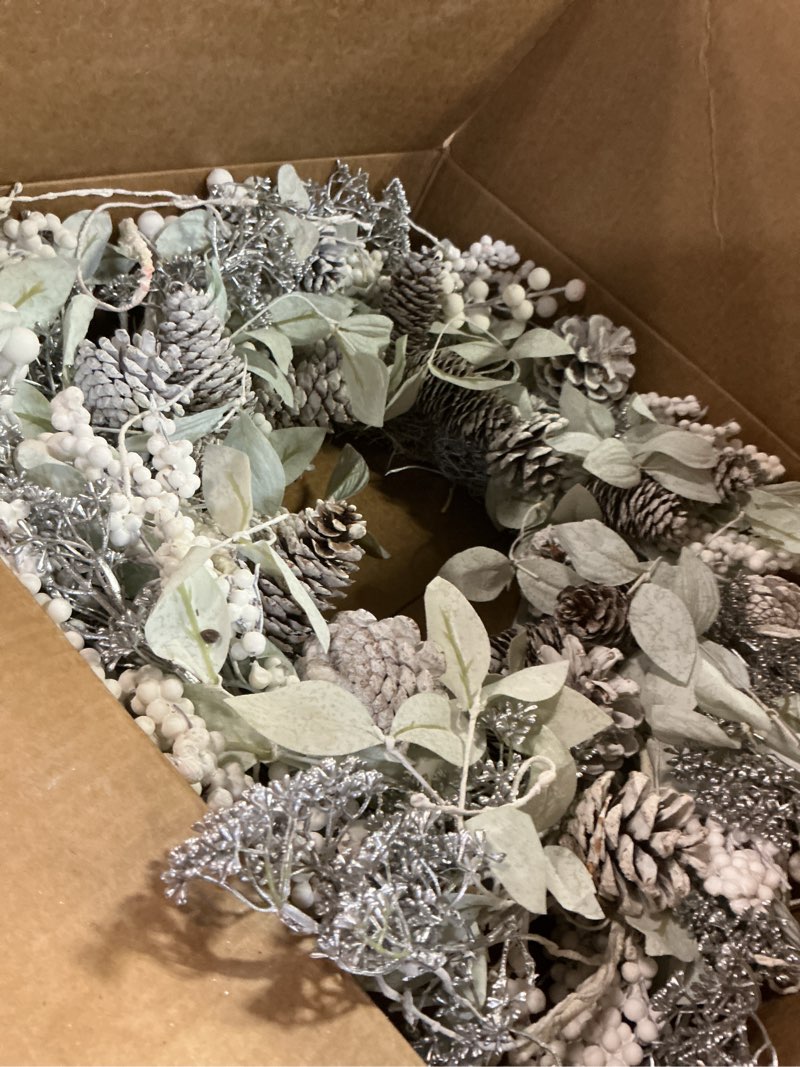 Condition photo showing Good Condition for birch wreath with white berries, iced pine cones, holly leaf, branch - 26" winter christmas wreath for front door or indoor wall window thanksgiving decor silver green
