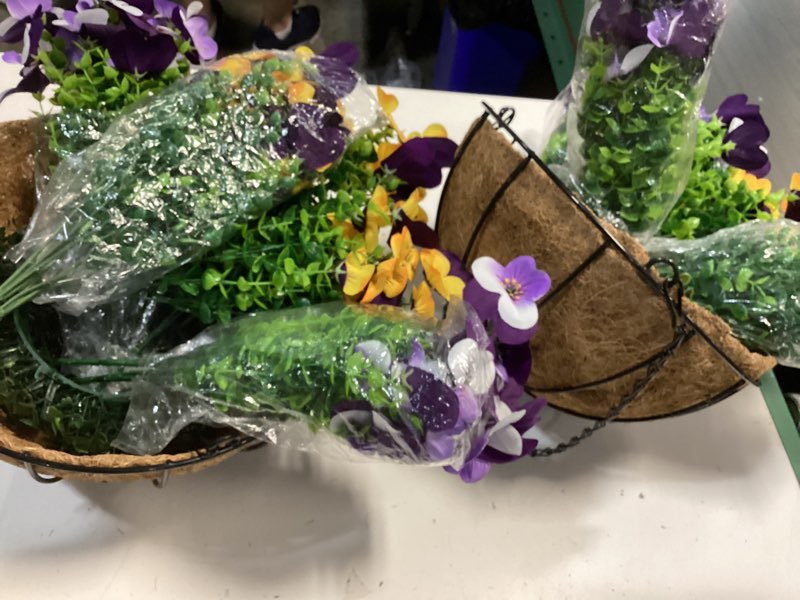 Condition photo showing Good Condition for 2 set artificial outdoor pansy flowers with hanging baskets, 2 hanging baskets with 24 pcs silk flowers for spring easter decorations porch patio home decor (2, purple, yellow, white, light purple) purple, yellow, white, light purple 2