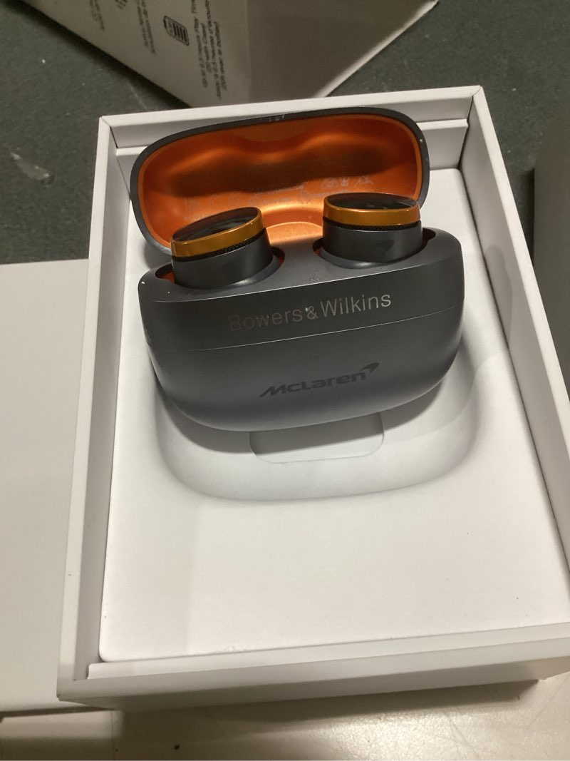 Condition photo showing As Is for bowers & wilkins pi8 mclaren edition wireless earbuds, in-ear bluetooth earphones with qualcomm chipset & aptx lossless, active noise cancelling earbuds, 3 built-in mics, 15-min quick charging mclaren grey