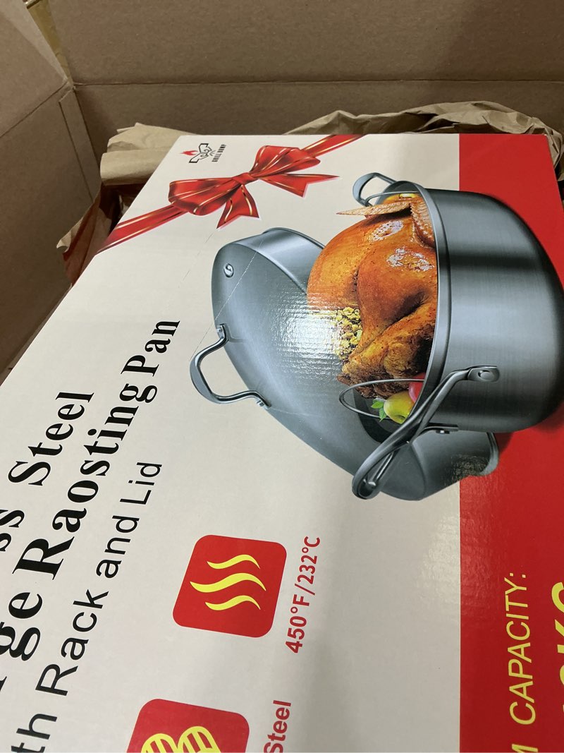 Condition photo showing Good Condition for grill bump roasting pan, 21x13x11 inch, silver, rectangular, stainless steel, 25lb capacity, turkey & chicken roaster with rack and lid