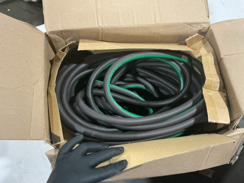 Condition photo showing As Is for garden hose 125ft x 5/8" all-weather flexible water hose lightweight, durable, kink-resistant, heavy duty hybrid polymer hose, male to female leak-free aluminum connections, burst 600 psi.