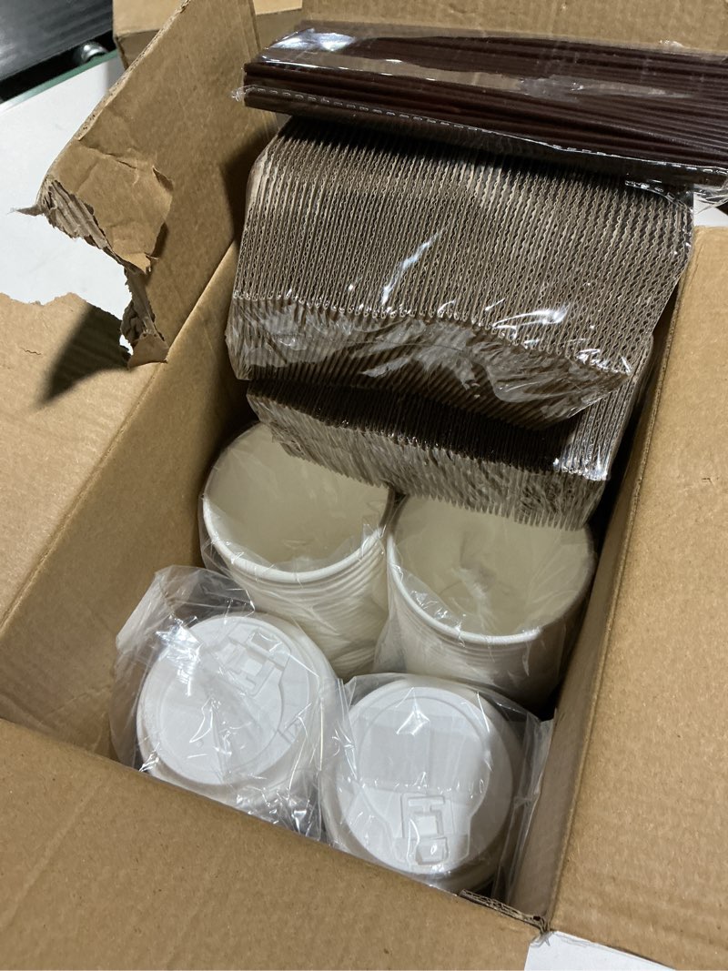 Condition photo showing Good Condition for [100 Pack] 12 oz Paper Coffee Cups, Disposable Paper Coffee Cup with Lids, Sleeves, and Stirrers, Hot/Cold Beverage Drinking Cup for Water, Juice or Tea, Suitable for Home, Shops and Cafes 12oz 100Pack
