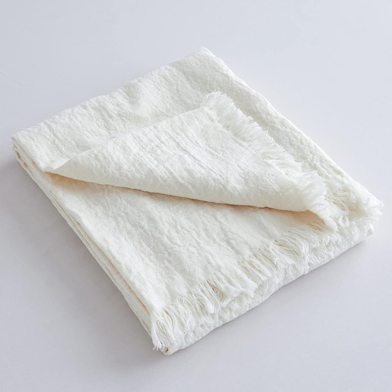 100% Linen Soft Throw Blanket With Fringe Solid Color