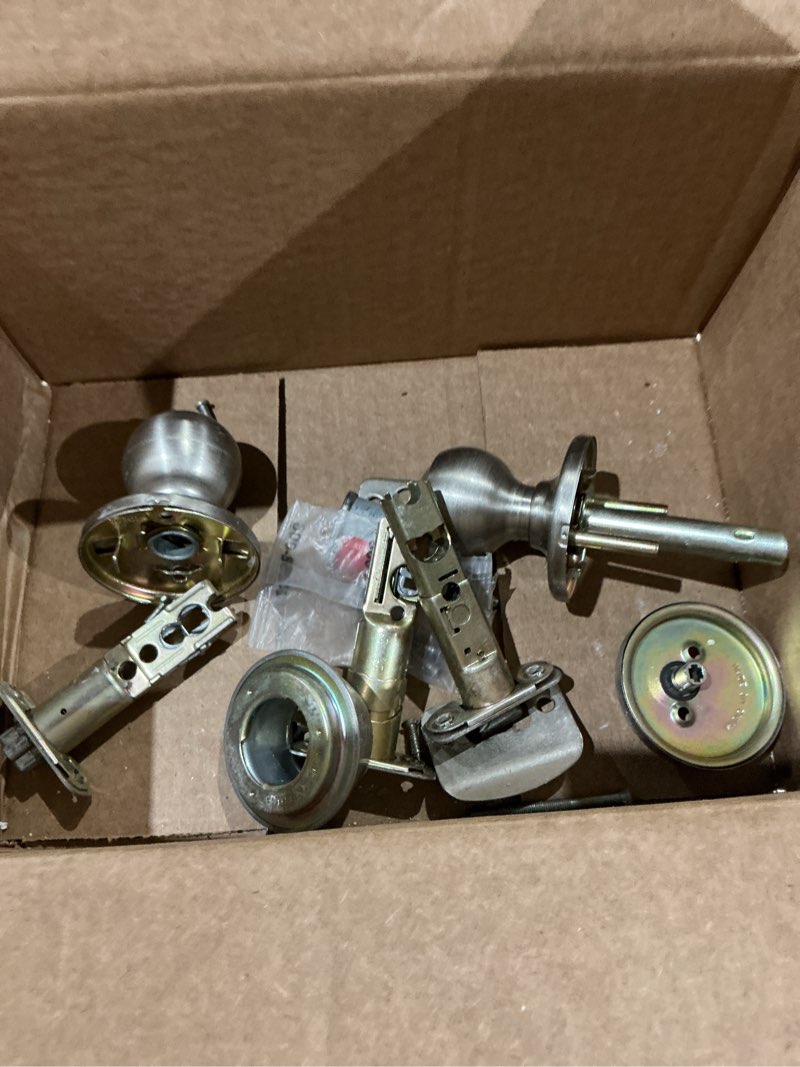 Condition photo showing As Is for kwikset 690 polo entry knob and single cylinder deadbolt combo pack in satin nickel