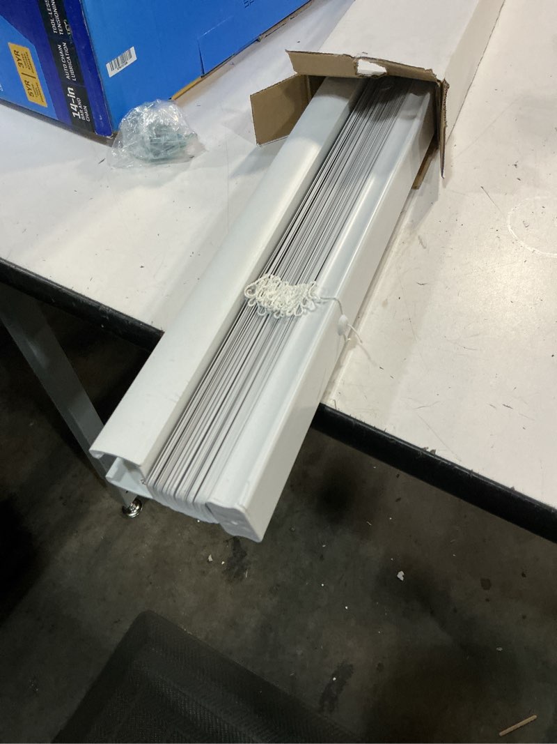 Condition photo showing As Is for project source room darkening 1-in slat width 34-in x 64-in cordless white vinyl room darkening mini-blinds